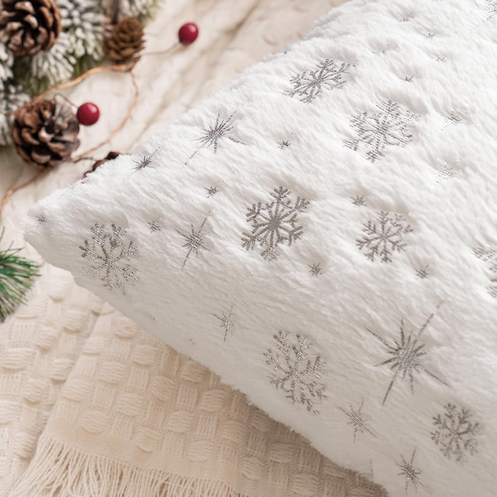 Set of 2 Christmas Decorative Throw Pillow Covers Soft Faux Fur Winter Pillow Covers with Silver Snowflake Glitter Holiday Festival Pillowcases for Couch Sofa Bed, 18×18inch, Ivory