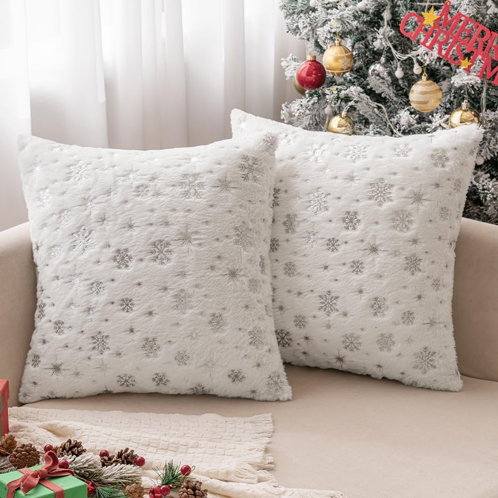 Set of 2 Christmas Decorative Throw Pillow Covers Soft Faux Fur Winter Pillow Covers with Silver Snowflake Glitter Holiday Festival Pillowcases for Couch Sofa Bed, 18×18inch, Ivory