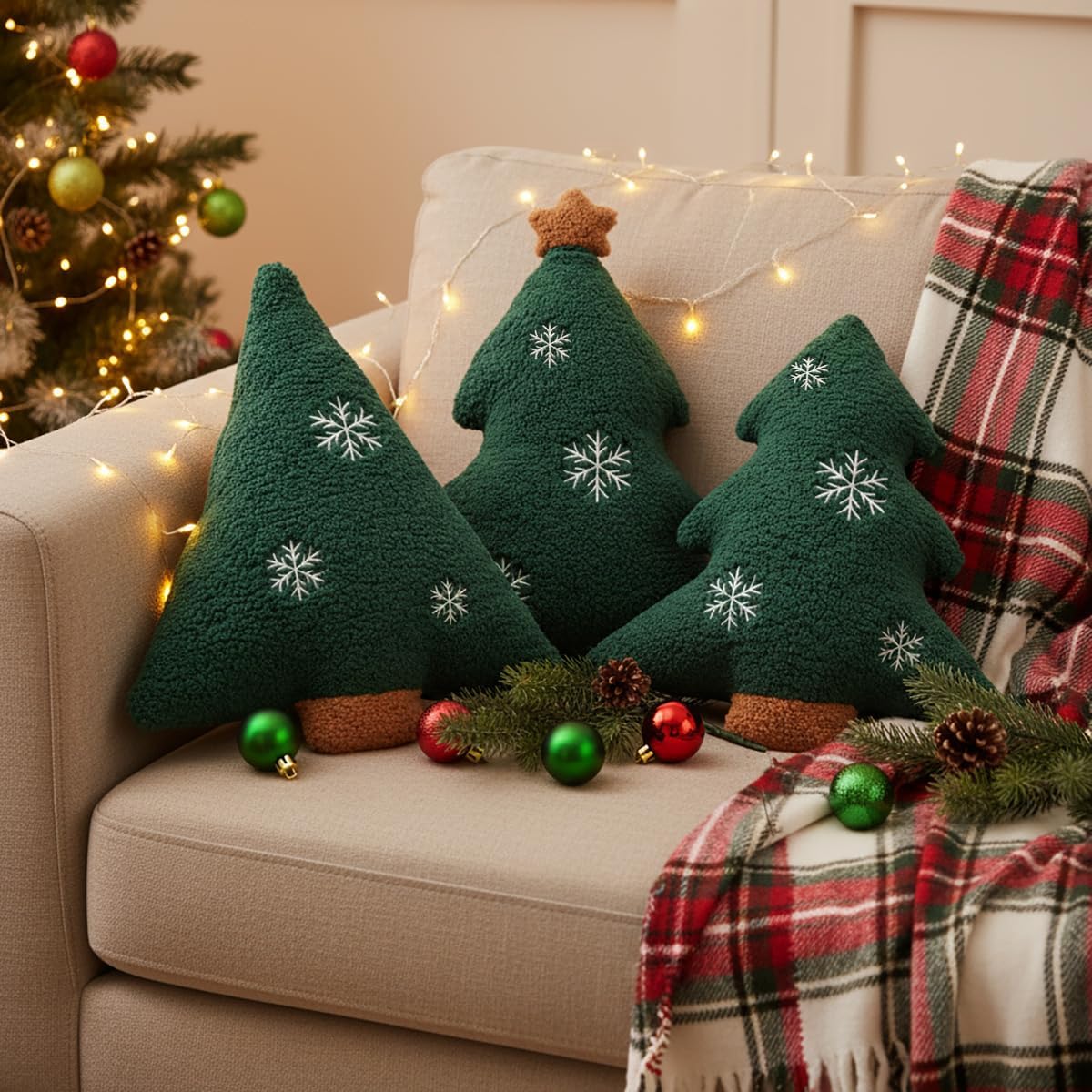 3 Pcs Christmas Tree Throw Pillows, 16" Cute Plush Stuffed Xmas Tree Shaped Decorative Pillows with Snowflake for Bedroom Outdoor Sofa Couch Home Winter Party Cushion Decorations