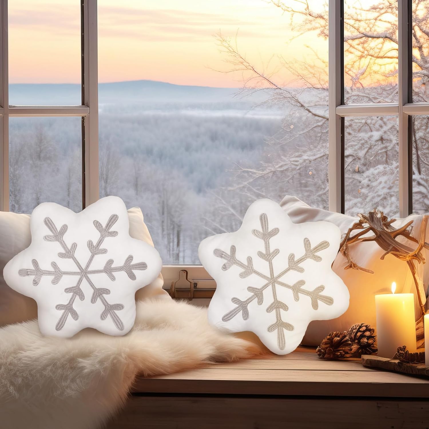 2 Pcs Snowflake Pillow Winter Throw Pillows Decorative Sherpa White Snowflake Shaped Cushion for Winter Home Decor Couch Sofa Bedroom Decoration(Gray)