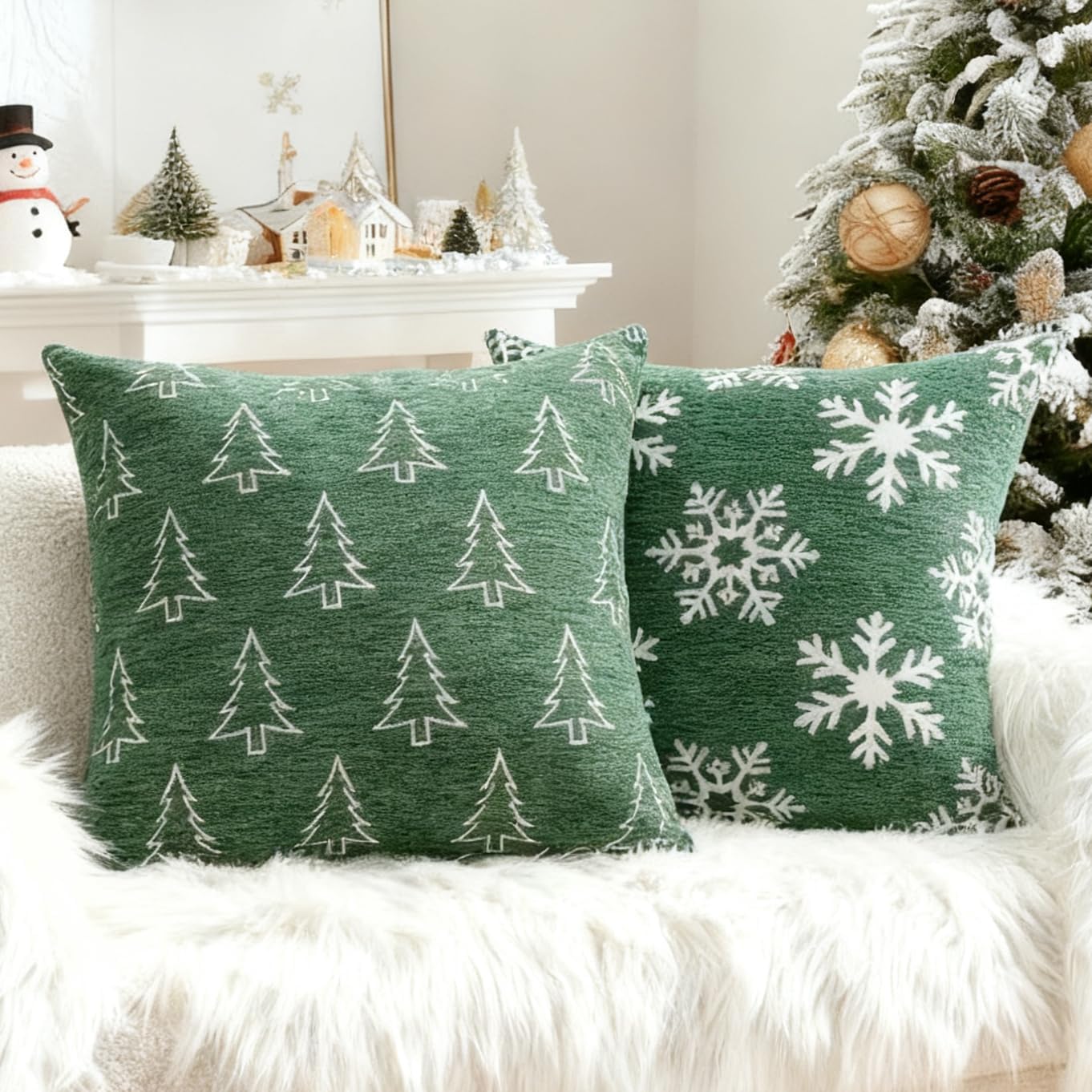 Soft Chenille Christmas Pillow Covers 18x18 Set of 2, Reversible Snowflake & Tree Pattern, Thick & Cozy Farmhouse Holiday Cushion Cases with Hidden Zipper for Sofa Couch Bed(Green,18x18)