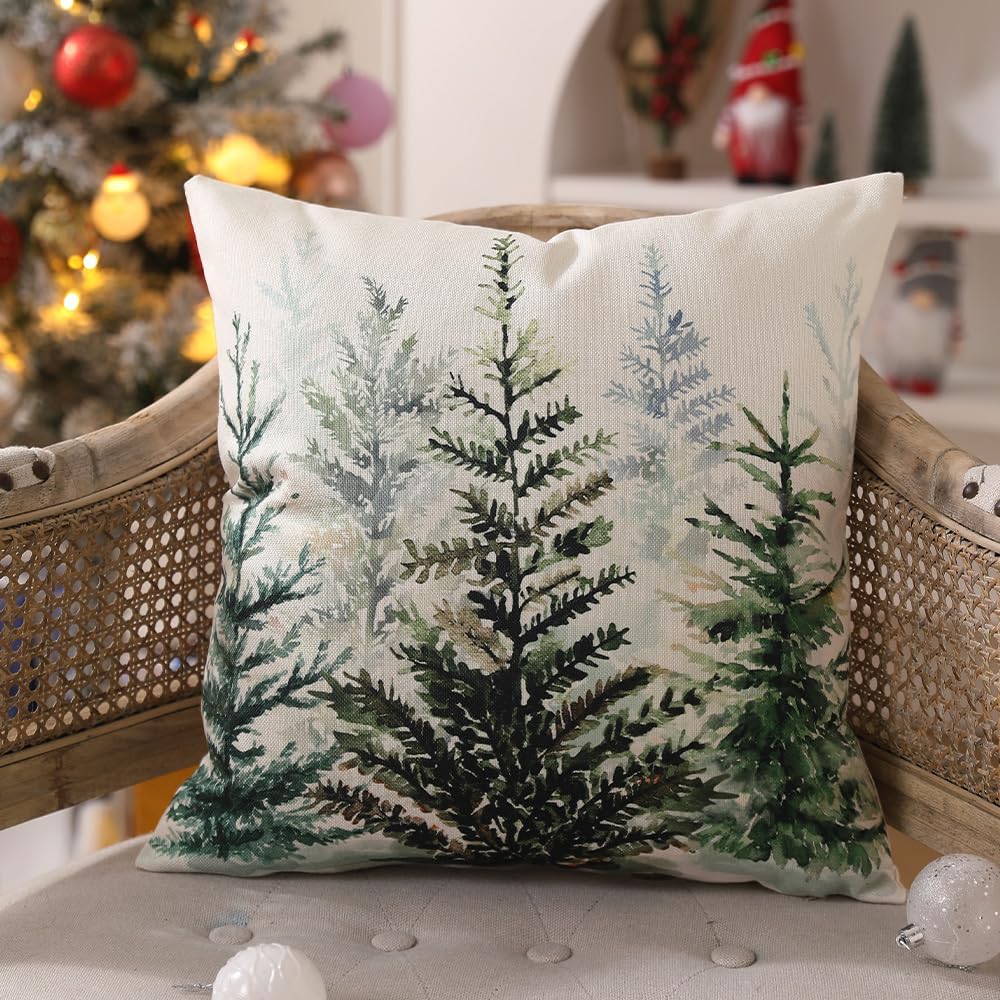 Christmas Pillow Covers 18x18 inch Set of 2 Watercolor Blue Green Christmas Tree Rustic Style Nature Forest Print Decorative Throw Pillows Winter Xmas Decor TH-32B18