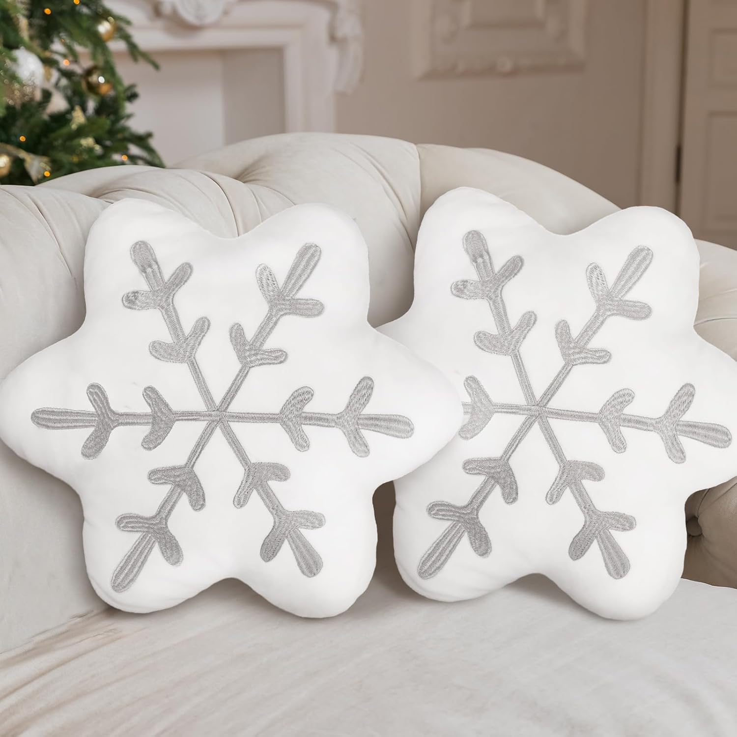 2 Pcs Snowflake Pillow Winter Throw Pillows Decorative Sherpa White Snowflake Shaped Cushion for Winter Home Decor Couch Sofa Bedroom Decoration(Gray)