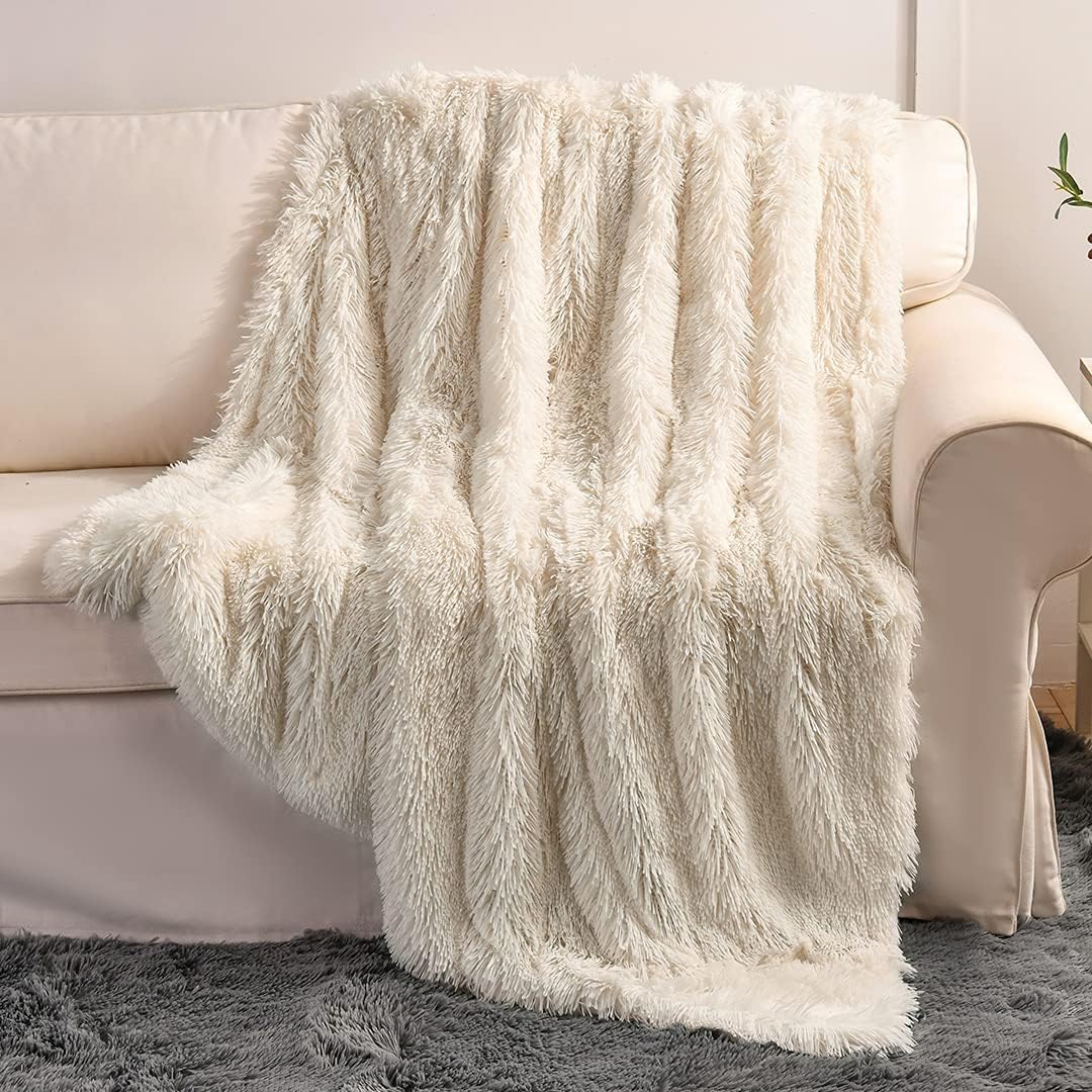 Long Faux Fur Throw Blanket for Sofa Couch,2 Layers,2.1lb,All Ages,Home Decoration, (Cream White,50" x 60")