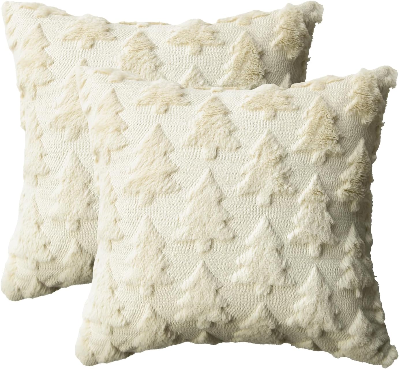 Christmas Tree Beige Throw Pillow Covers Set of 2, 18 x 18 Inch Soft Plush Faux Fur Jacquard Festivals Winter Cushion Case Decoration for Sofa Couch