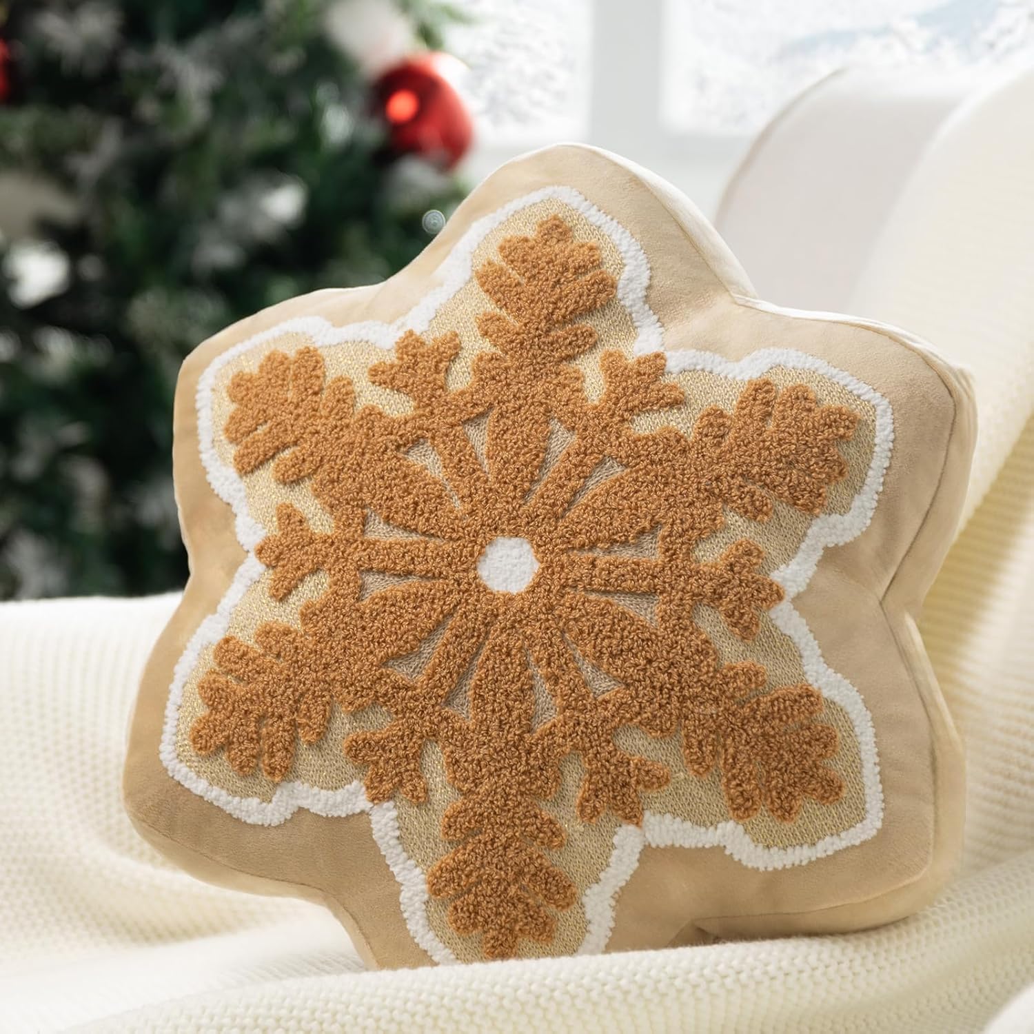 Merry Christmas Snowflake Shaped Throw Pillow, Velvet Xmas Embroidered Snowflake Pillow Decorative Christmas Cushion Pillow for Couch Living Room Bed, Beige, 16 x 16 inches