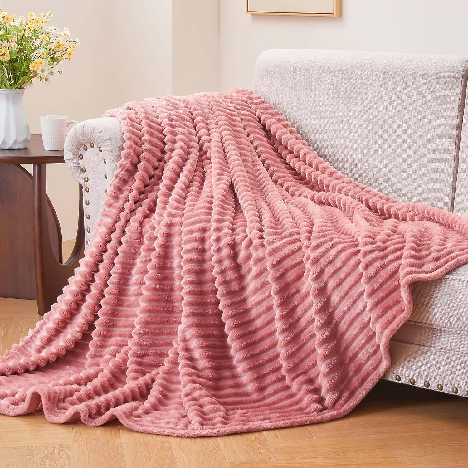 Fleece Throw Blanket for Couch – 3D Ribbed Jacquard Soft and Warm Decorative Fuzzy Blanket – Cozy, Fluffy, Plush Lightweight Pink Throw Blankets for Bed, Sofa, 50x60 inches
