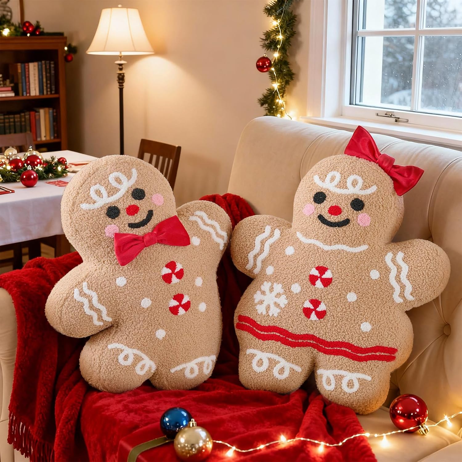 Christmas Gingerbread Man Pillows Set of 2, Christmas Decoration Winter Throw Pillows Soft Fleece Sherpa Cute 3D Shaped Ginger Bread Man Girl Boy Throw Cushion for Sofa Bedroom Xmas Decor