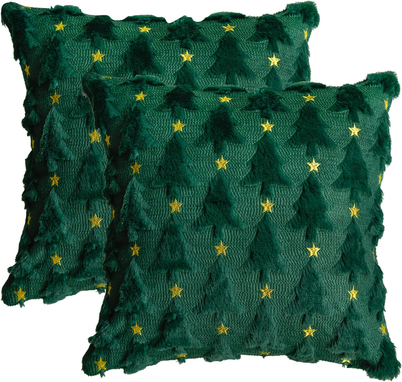 Christmas Tree Star Green Throw Pillow Cover Set of 2, 18 x 18 Inch Soft Plush Faux Fur Jacquard Festivals Winter Cushion Case Decoration for Sofa Couch