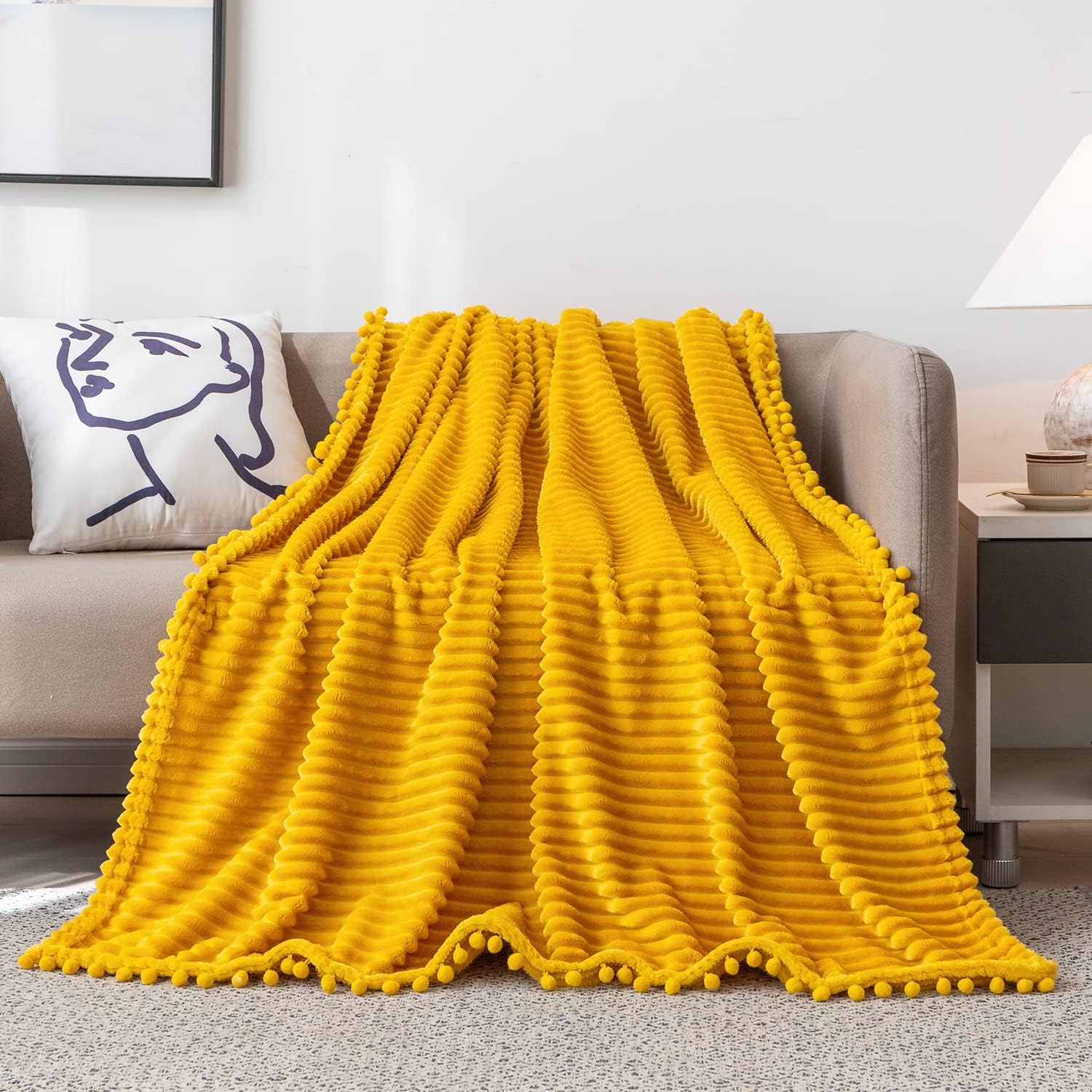 Fleece Blanket Throw Size – 51x63, Yellow Soft, Plush, Fluffy, Fuzzy, Warm, Cozy Perfect for Couch, Bed, Sofa - with Pompom Fringe Flannel