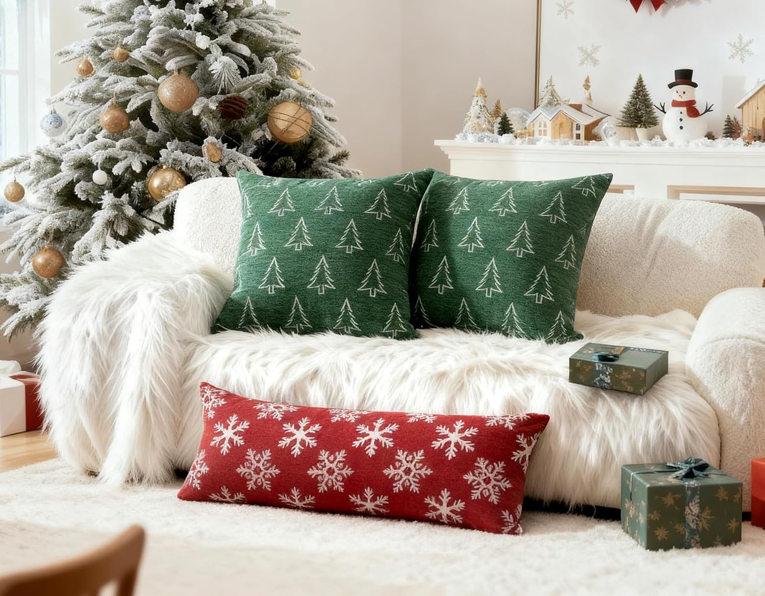 Soft Chenille Christmas Pillow Covers 18x18 Set of 2, Reversible Snowflake & Tree Pattern, Thick & Cozy Farmhouse Holiday Cushion Cases with Hidden Zipper for Sofa Couch Bed(Green,18x18)