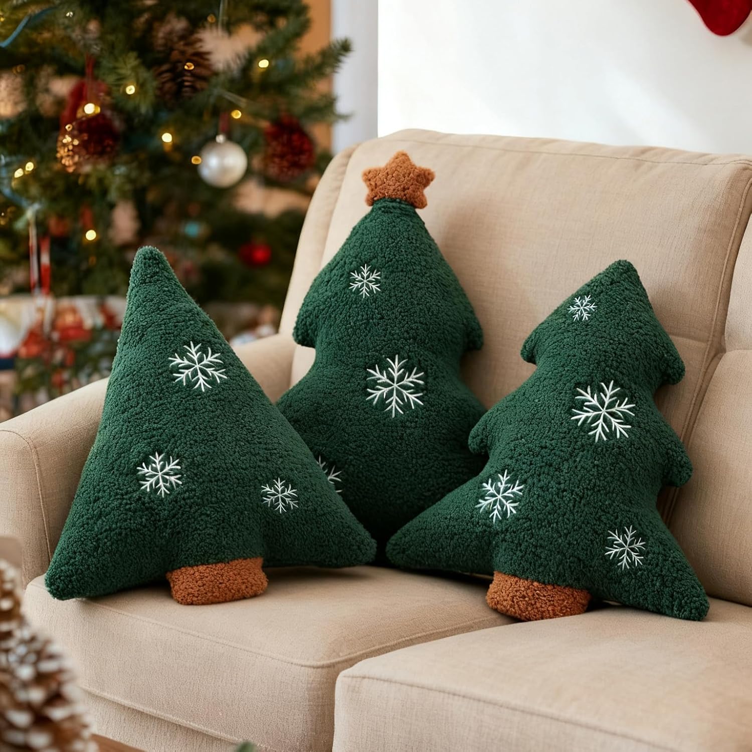 3 Pcs Christmas Tree Throw Pillows, 16" Cute Plush Stuffed Xmas Tree Shaped Decorative Pillows with Snowflake for Bedroom Outdoor Sofa Couch Home Winter Party Cushion Decorations