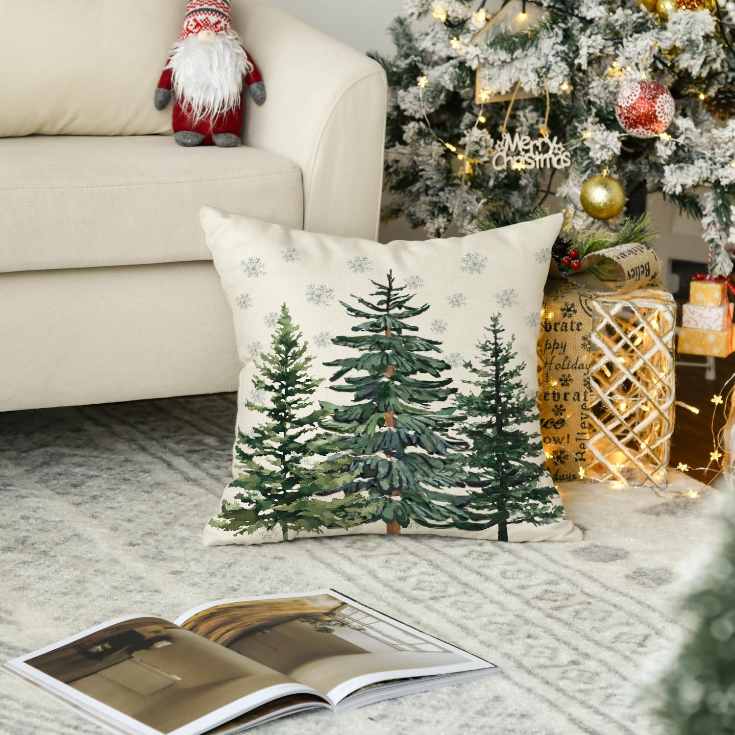 Christmas Trees Snowflake Throw Pillow Cover, 20 x 20 Inch Winter Holiday Cushion Case Decoration for Sofa Couch