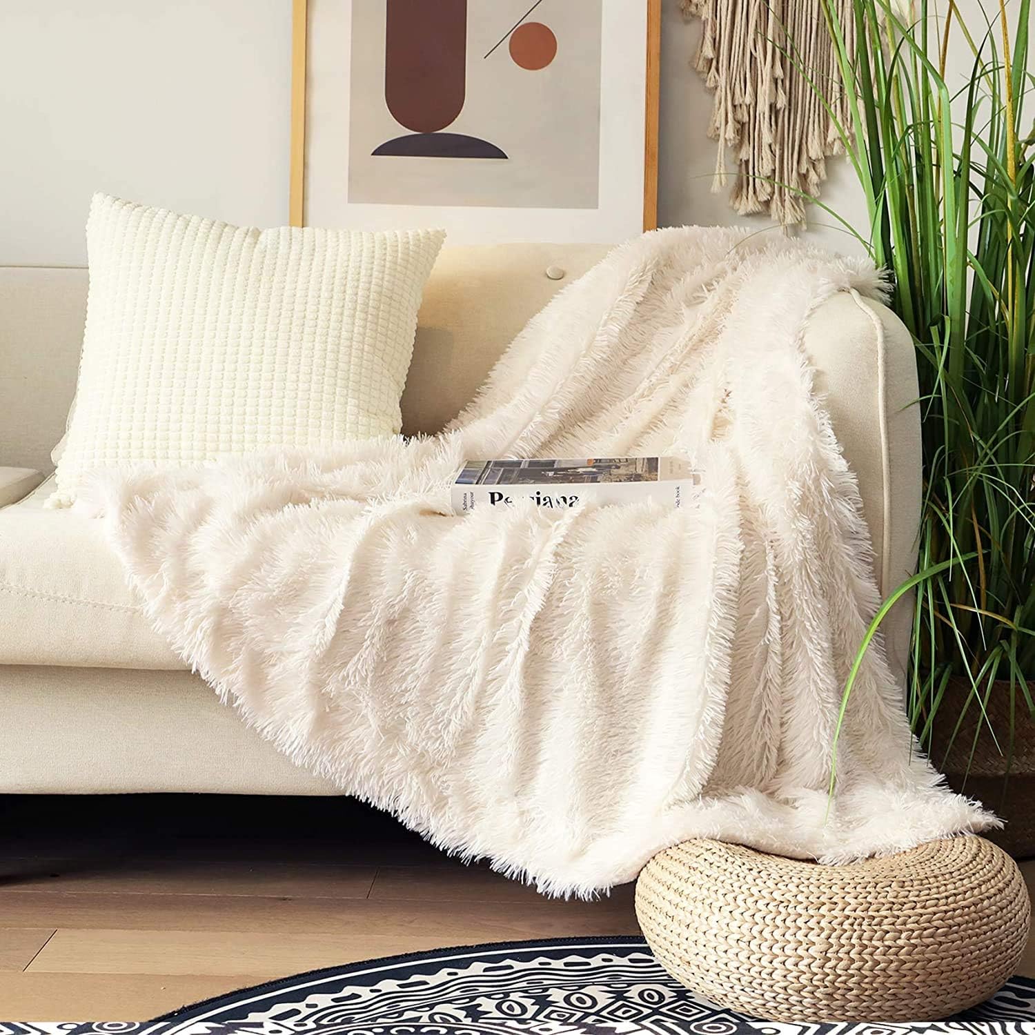 Decorative Extra Soft Fuzzy Faux Fur Throw Blanket 50" x 60",Solid Reversible Long Hair Shaggy Blanket,Fluffy Cozy Plush Comfy Microfiber Fleece Blankets for Couch Sofa Bedroom,Cream White