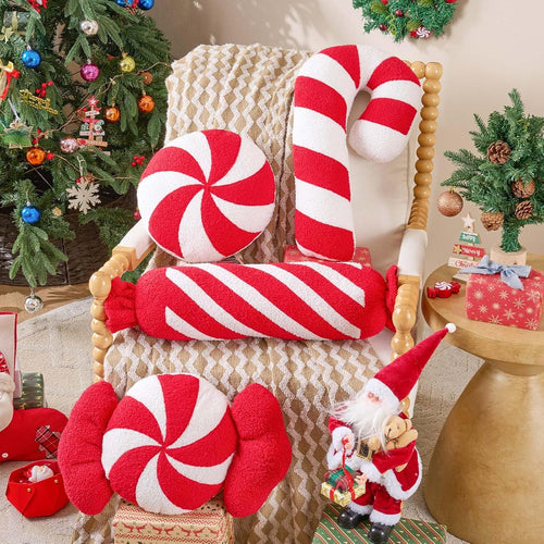 Christmas Candy Pillows Set of 2, Christmas Decoration Winter Throw Pillows Soft Fleece Sherpa Cute Long Candy Lollipop Peppermint Cushion for Sofa Bedroom Xmas Decor (27x7 inch, Red)