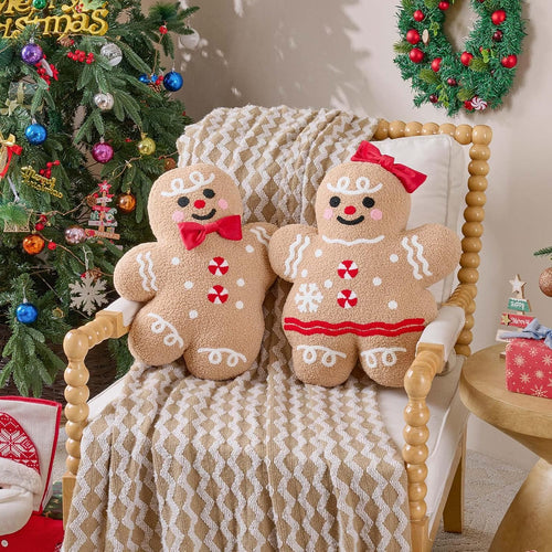 Christmas Gingerbread Man Pillows Set of 2, Christmas Decoration Winter Throw Pillows Soft Fleece Sherpa Cute 3D Shaped Ginger Bread Man Girl Boy Throw Cushion for Sofa Bedroom Xmas Decor